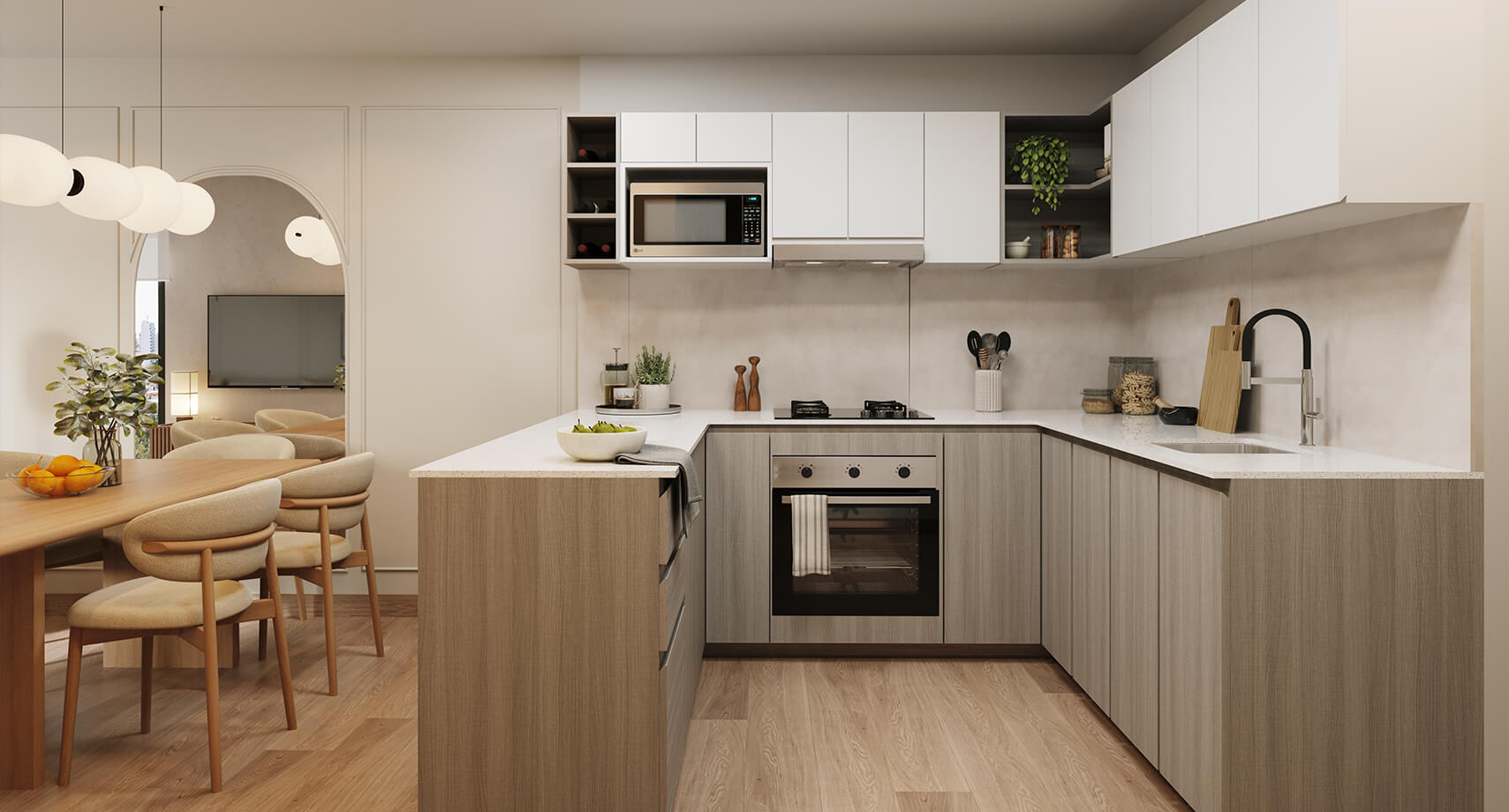 Cocina de departamento de tres dormitorios