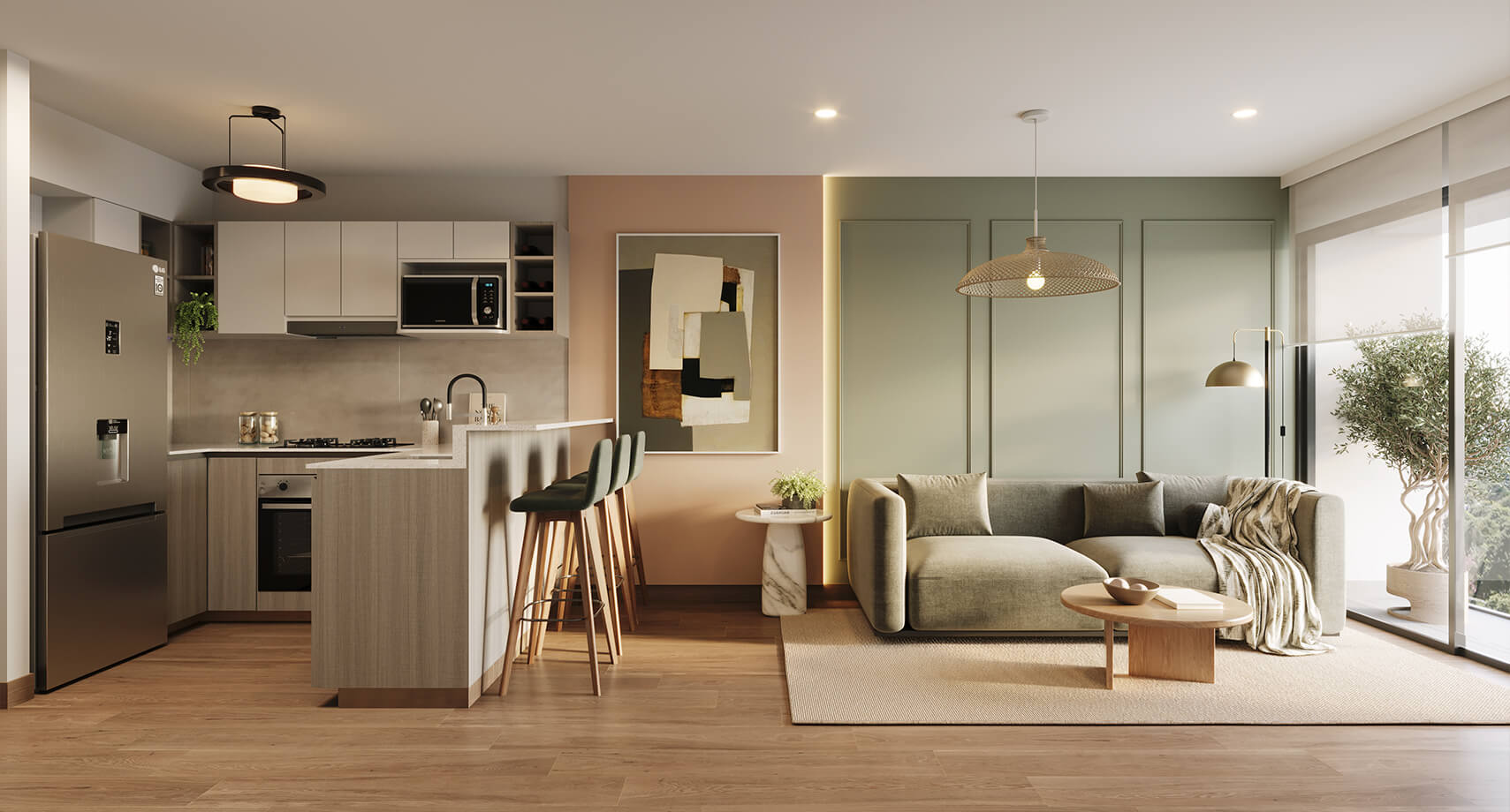 Sala y cocina de departamento de un dormitorio